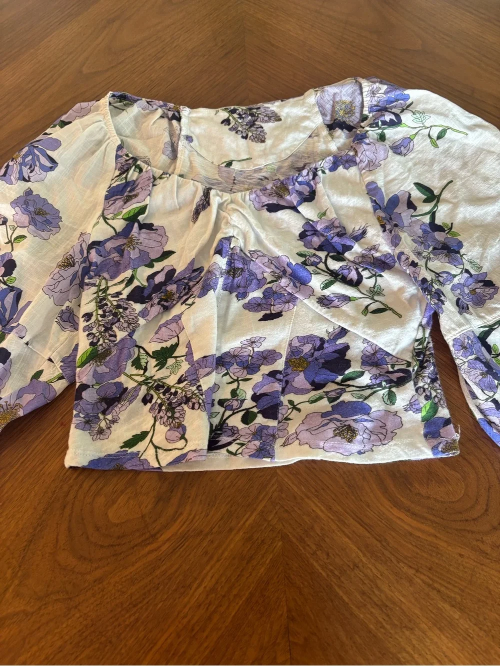 Anthropologie White Floral Puff-Sleeve Crop Top - Purple Green Print